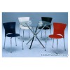 Coffee Table w/Scissor Legs/Ferrous tubes + glass tabletop/Plastic Chairs