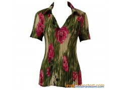 satin  pleat  blouse  short sleeve with collar图1